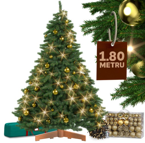 Umělý vánoční strom Premium 180 cm + baňky + světelný řetěz