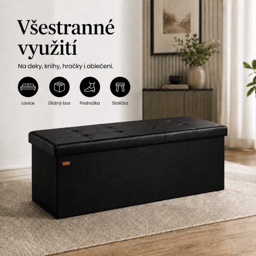 Černá lavice, taburet s úložným prostorem, skládací